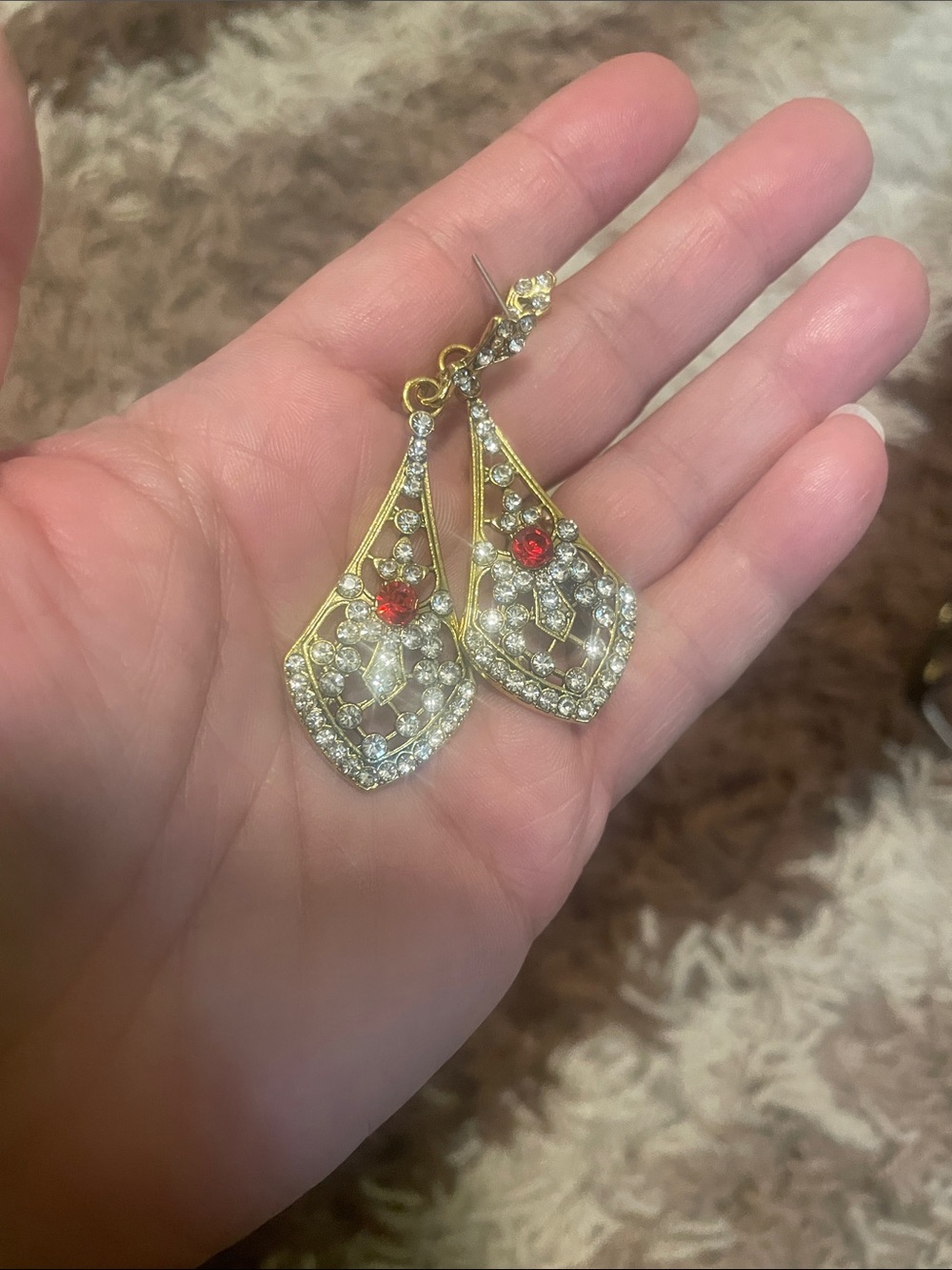 Gold-Tone Red & Clear Crystal Drop Earrings - Brand Unlabeled